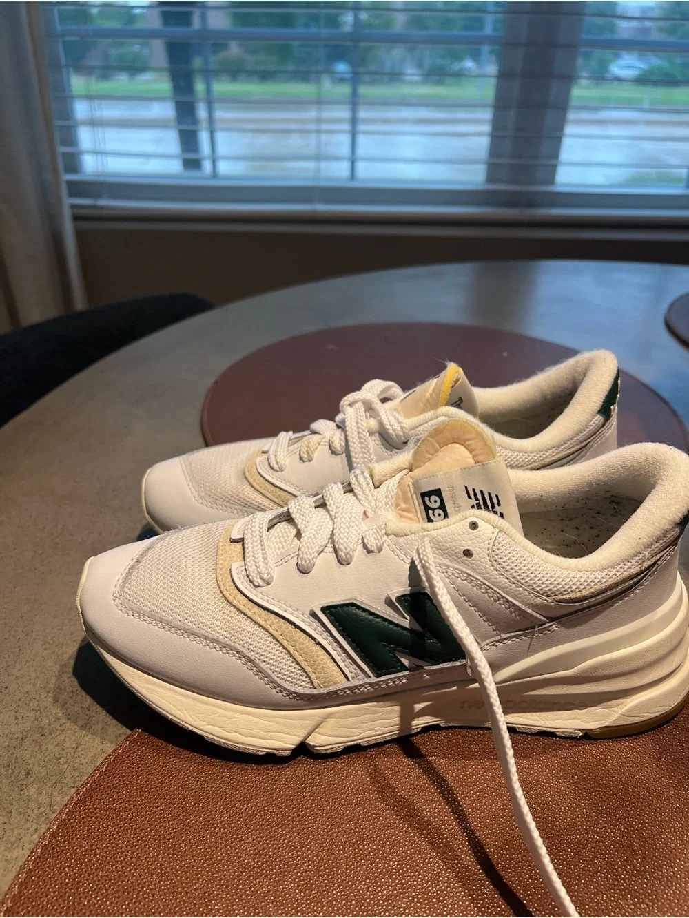 New Balance White Athletic Sneakers with Green 'N' Accent